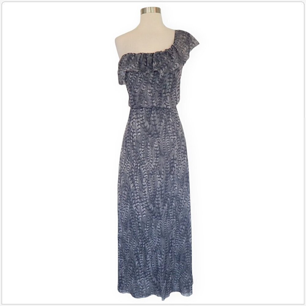 Sweet Pea Long Gray Feather Animal Print One Shoulder Ruffle Trim Maxi Dress S